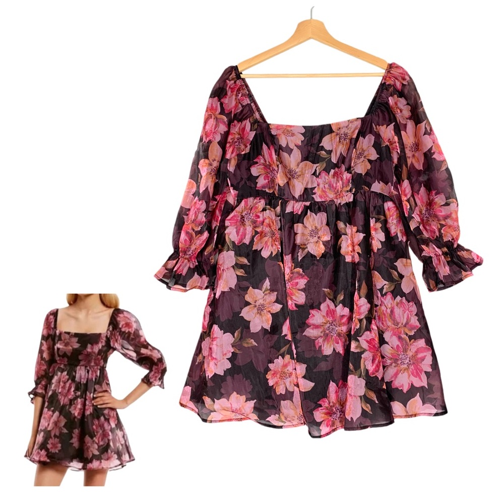 Thirty Thirty LA Floral Organza Babydoll Puff Sleeve Dress Size XL Pink Black
